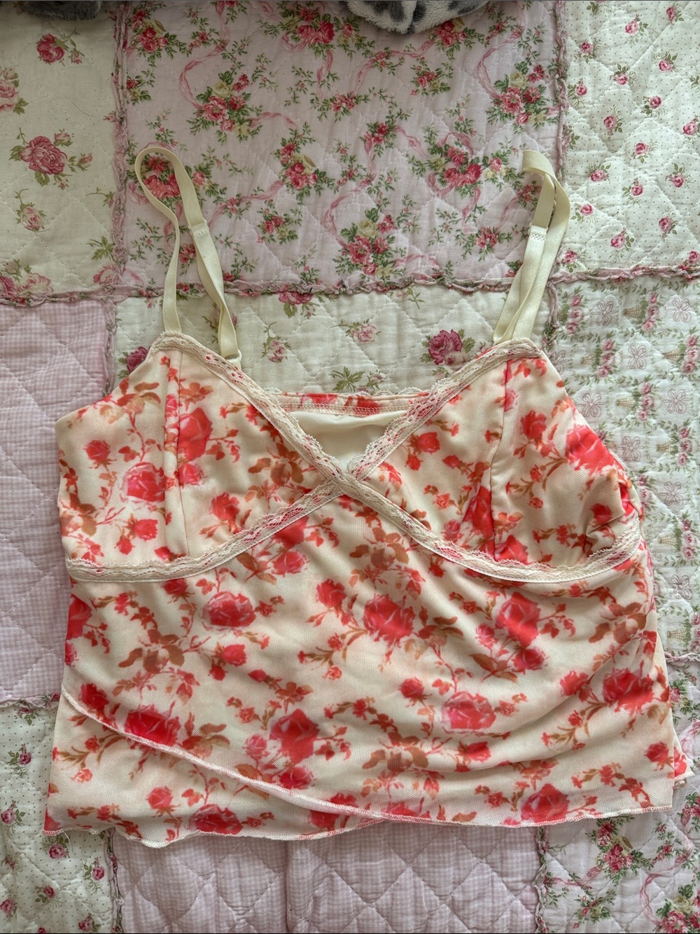 Floral Lace Trim Cami Tank Top - Cream with Coral Floral Print